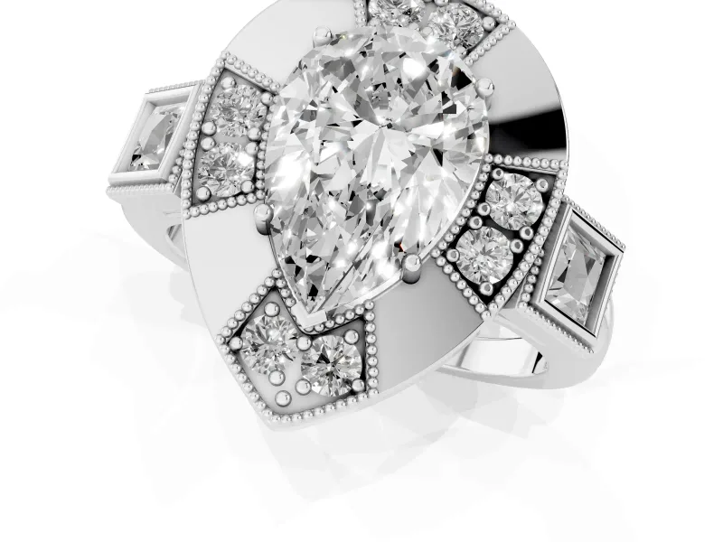 Pear Cut Diamond Milgrain Halo Ring Set in Silver with Split Shank