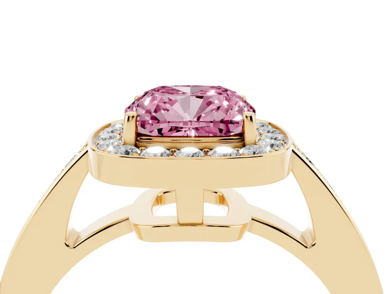 Fancy Pink Cushion Cut Diamond Halo Pavé Engagement Ring Set in Yellow gold with Bezel Setting