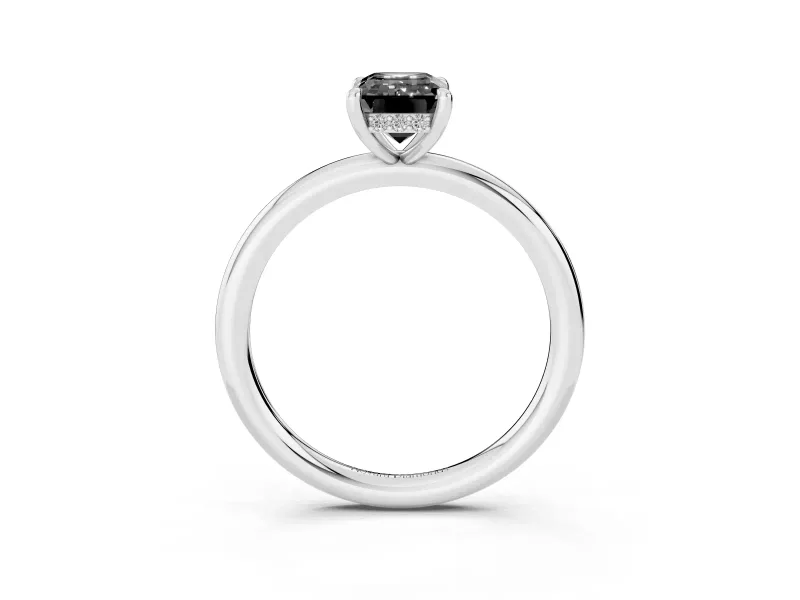 Fancy Black Emerald Cut Diamond Solitaire Ring Set in Silver with Thin Band and Prong Setting