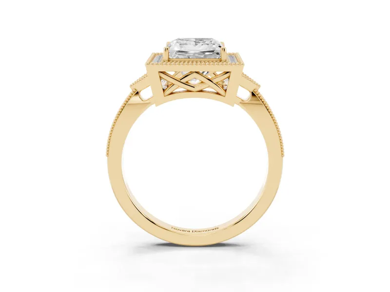 Princess Cut Diamond Halo Engagement Ring Set in Yellow gold with Milgrain Pavé Band