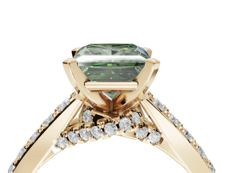 Princess Cut Pavé Engagement Ring Setting for a Fancy Green Lab-Grown Diamond | Crossover Gallery | Yellow Gold