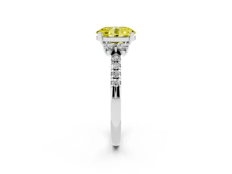 Oval Side Stone Pave Engagement Ring Setting for a Fancy Yellow Lab-Grown Diamond | Paired Round Accents | White Gold