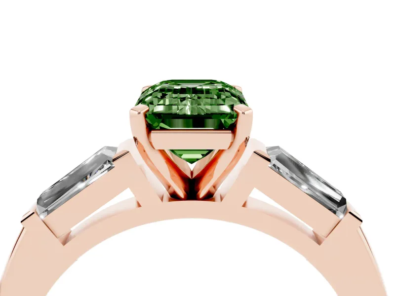 Fancy Green Emerald Cut Diamond Solitaire Ring Set in Rose gold with Tapered Baguette Side Stones and Prong Setting