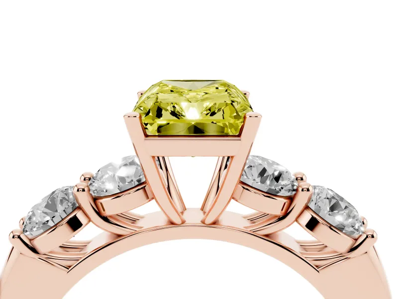 Radiant Cut Five Stone Engagement Ring Setting for a Fancy Yellow Lab-Grown Diamond | Prong Set Side Stones | Rose Gold