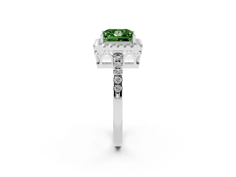 Fancy Green Princess Cut Diamond Pavé Band Halo Engagement Ring Set in Platinum with Prong Setting