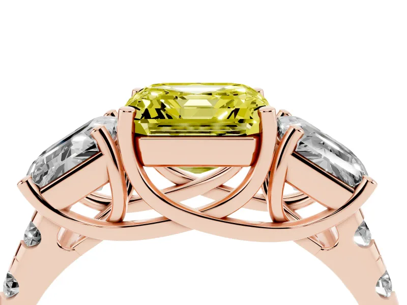 Asscher Cut Three Stone Engagement Ring Setting for a Fancy Yellow Lab-Grown Diamond | Accented Shoulders | Rose Gold
