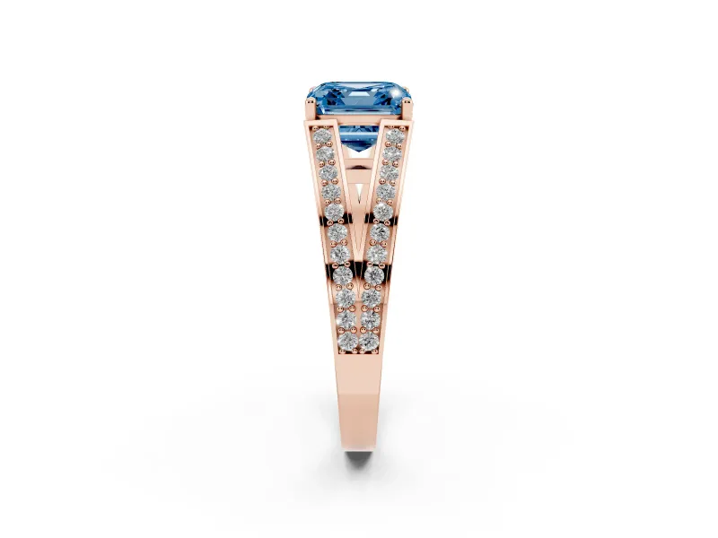 Fancy Blue Asscher Cut Diamond Split Shank Ring Set in Rose gold with Pavé Band and Prong Setting