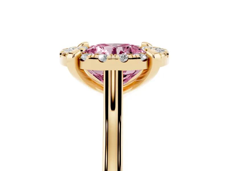 Round Halo Engagement Ring Setting for a Fancy Pink Lab-Grown Diamond | Claw Corners | Yellow Gold