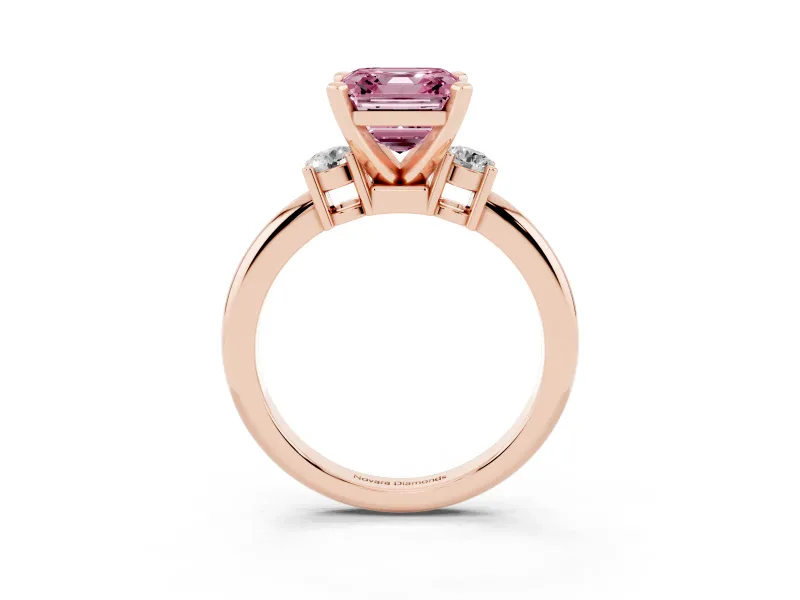 Fancy Pink Three-Stone Asscher Cut Diamond Ring Set in Rose gold with Prong Setting and Plain Band