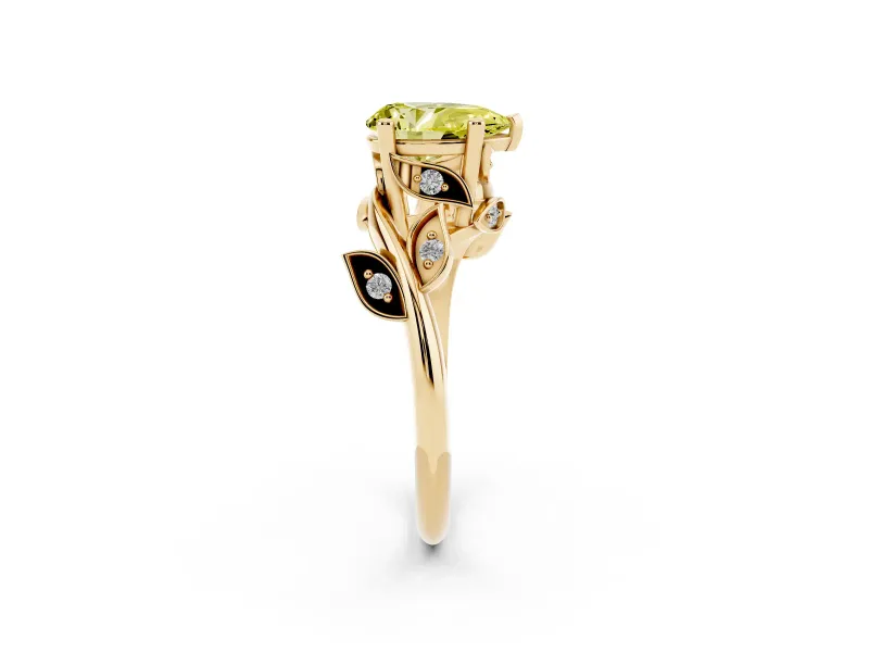 Fancy Yellow Pear Cut Diamond Solitaire Twist Engagement Ring Set in Yellow gold with Pavé Leaf Accents