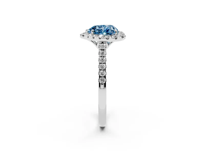 Heart-Shaped Raised Halo Engagement Ring Setting for a Fancy Blue Lab-Grown Diamond | Pave Band | Sterling Silver