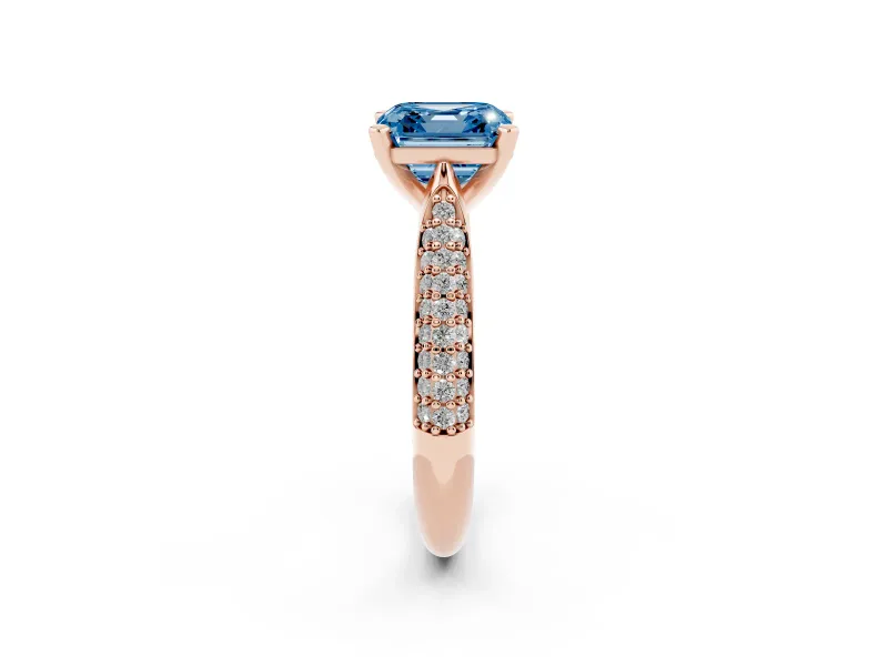 Asscher Cut Pavé Solitaire Engagement Ring Setting for a Fancy Blue Lab-Grown Diamond | Multi-Row Shoulders | Rose Gold