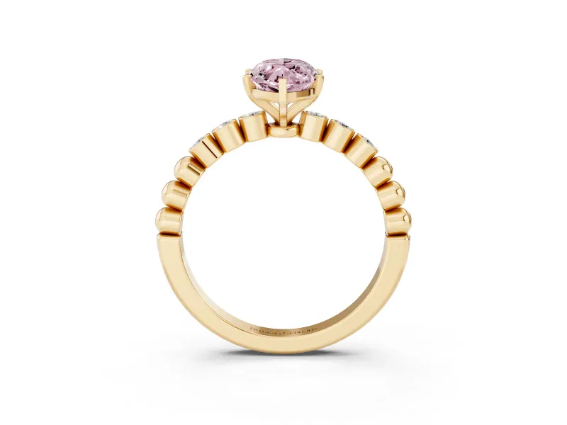 Fancy Pink Marquise Cut Diamond Solitaire Engagement Ring Set in Yellow gold with Bezel Accents on Beaded Band