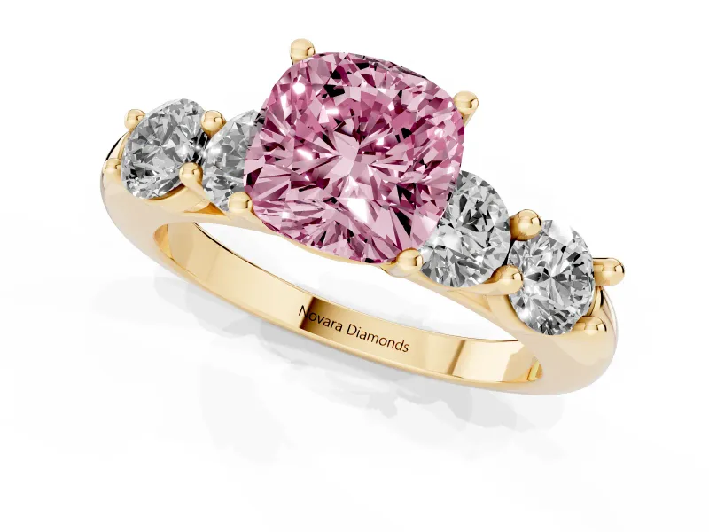Cushion Cut Five Stone Engagement Ring Setting for a Fancy Pink Lab-Grown Diamond | Prong Set Side Stones | Yellow Gold