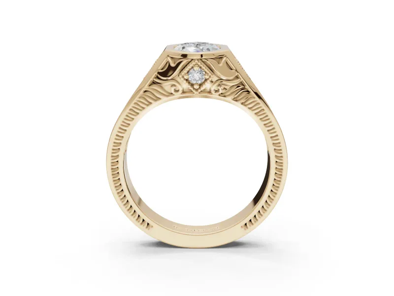Marquise Vintage Bezel Engagement Ring Setting | Engraved Band | Yellow Gold
