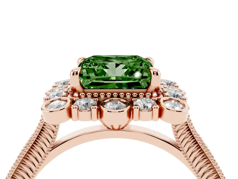 Princess Cut Scalloped Halo Engagement Ring Setting for a Fancy Green Lab-Grown Diamond | Milgrain Edges | Rose Gold