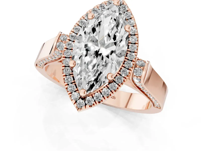 Marquise Cut Diamond Halo Ring Set in Rose gold with Pavé-Lined Split Shank Band