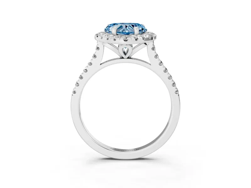 Fancy Blue Heart Cut Diamond Cushion Halo Ring Set in White gold with Pavé Band