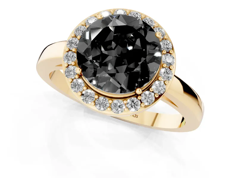 Round Thin Halo Engagement Ring Setting for a Black Center | Slim Plain Band | Yellow Gold