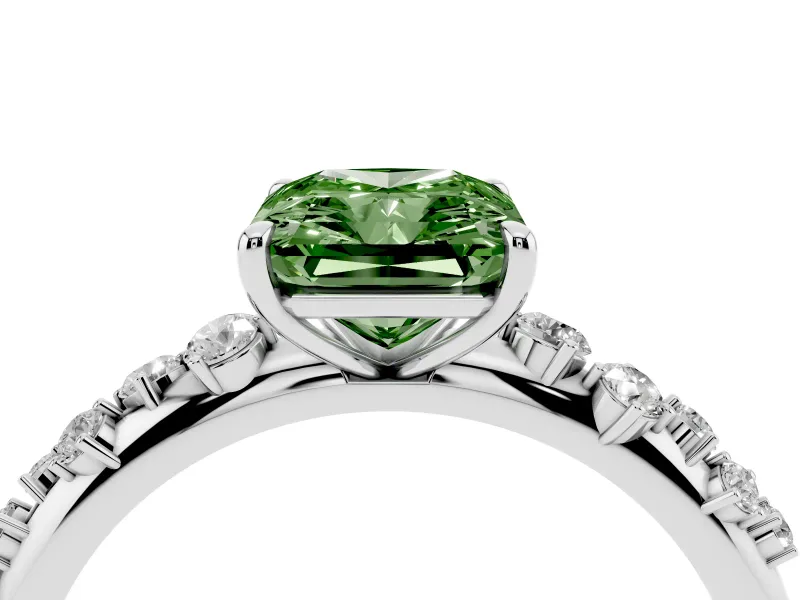 Fancy Green Radiant Cut Diamond Cluster Solitaire Ring Set in White gold with Prong Setting
