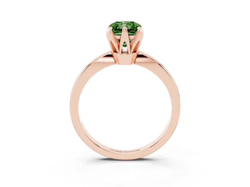 Fancy Green Radiant Cut Diamond Solitaire Engagement Ring Set in Rose gold with Slim Tapered Solitaire Band