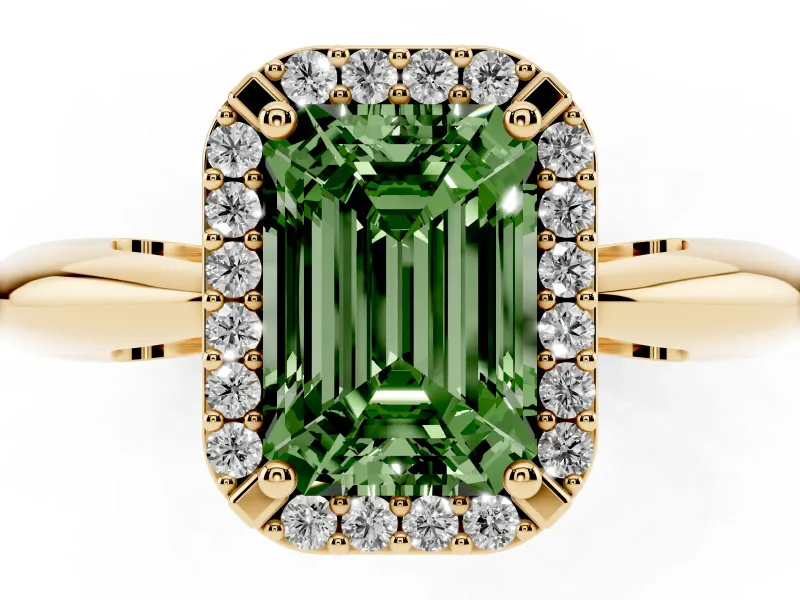 Emerald Cut Halo Engagement Ring Setting for a Fancy Green Lab-Grown Diamond | Plain Tapered Band | Yellow Gold