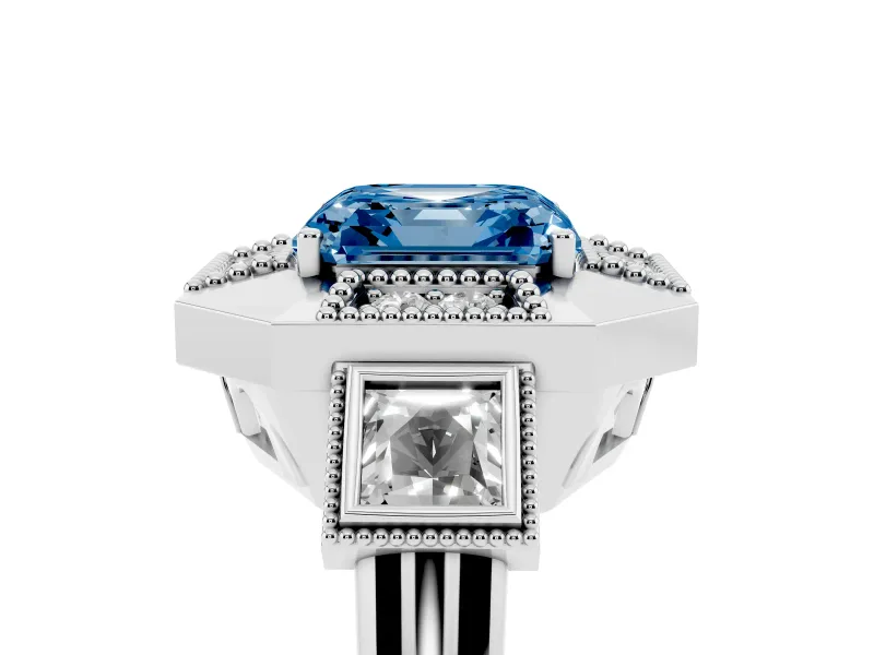 Fancy Blue Asscher Cut Diamond Milgrain Halo Ring Set in Silver with Split Shank