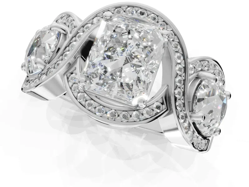 Radiant Cut Three Stone Halo Engagement Ring Setting | Pavé Wave Band | Sterling Silver