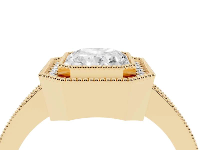 Radiant Cut Diamond Halo Engagement Ring Set in Yellow gold with Pavé Band and Round Halo Stones