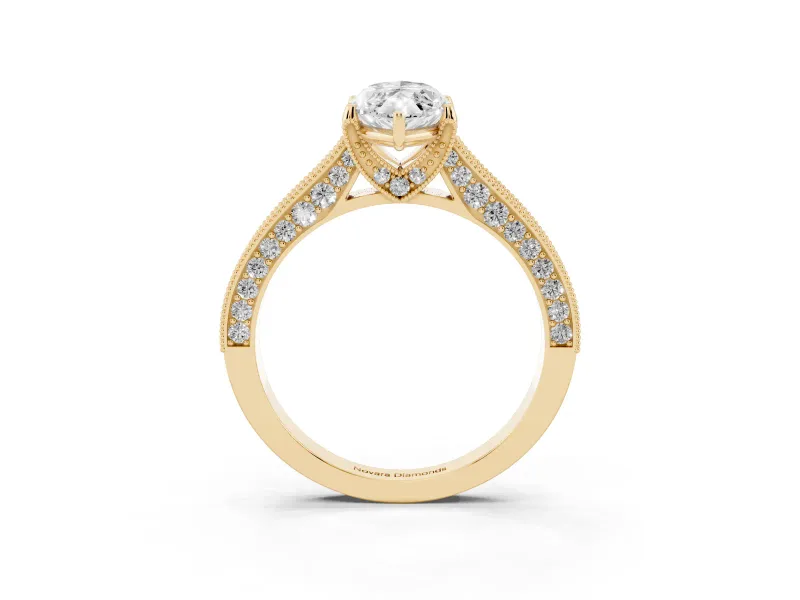 Marquise Vintage Hidden Halo Engagement Ring Setting | Milgrain Pave Band | Yellow Gold
