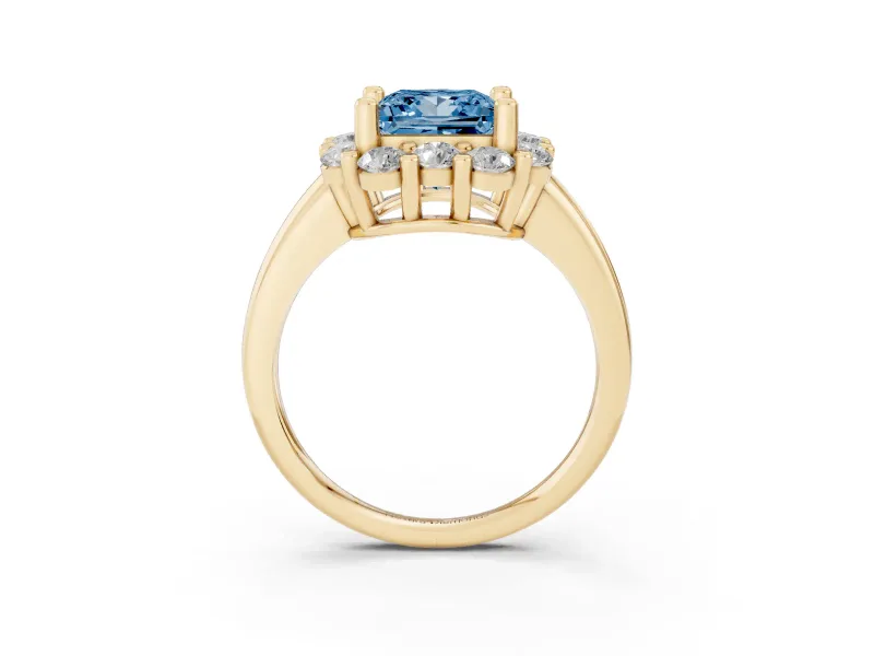 Princess Cut Cluster Halo Engagement Ring Setting for a Fancy Blue Lab-Grown Diamond | Large Round Accents | Yellow Gold
