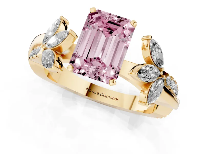 Fancy Pink Emerald Cut Diamond Floral Vine Solitaire Engagement Ring Set in Yellow gold with Marquise Leaves