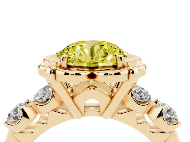 Round Floral Engagement Ring Setting for a Fancy Yellow Lab-Grown Diamond | Petal Frame and Side Stones | Yellow Gold