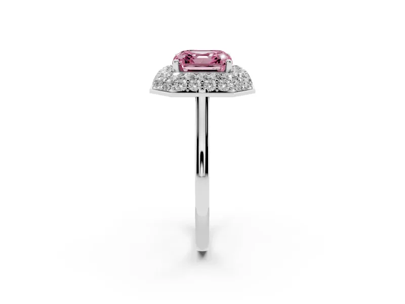 Fancy Pink Asscher Cut Diamond Halo Engagement Ring Set in Silver with Solitaire Band and Prong Setting