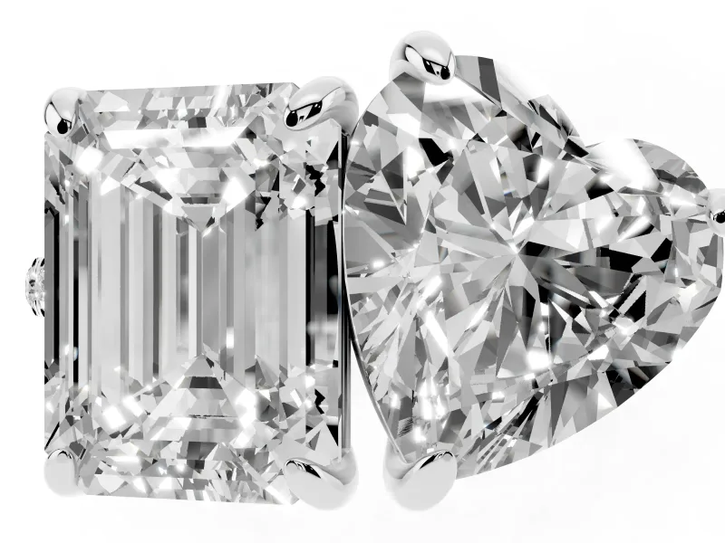 Emerald Cut and Heart-Shaped Lab-Grown Diamond Toi et Moi Engagement Ring | Pavé Band | Platinum