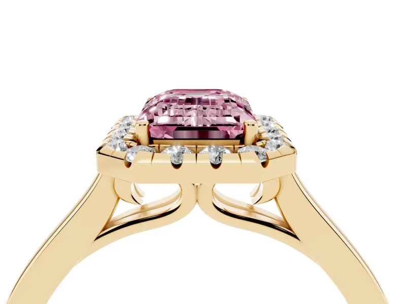Fancy Pink Emerald Cut Halo Round Diamond Solitaire Ring Set in Yellow gold with Pavé Band and Prong Setting