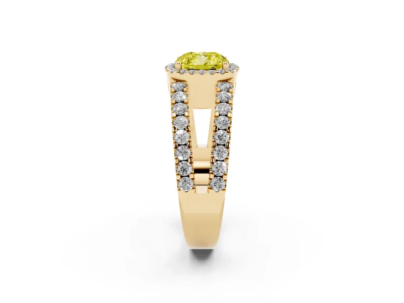 Fancy Yellow Cushion Cut Diamond Halo Ring Set in Yellow gold with Pavé Split Shank and Prong Setting