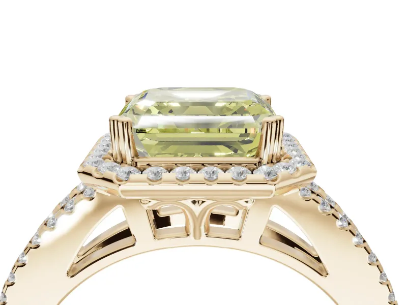 Asscher Cut Halo Split Shank Engagement Ring Setting for a Fancy Yellow Lab-Grown Diamond | Pavé Shoulders | Yellow Gold