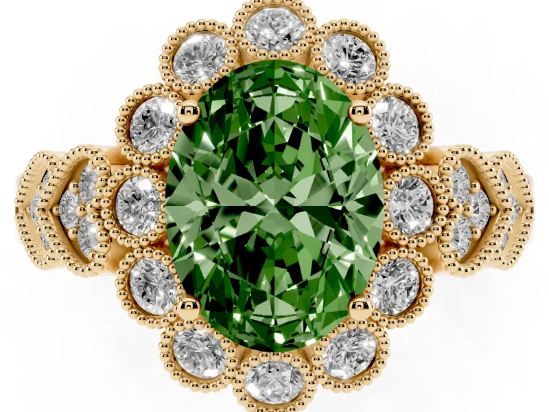 Oval Scalloped Halo Engagement Ring Setting for a Fancy Green Lab-Grown Diamond | Heart Pavé Band | Yellow Gold