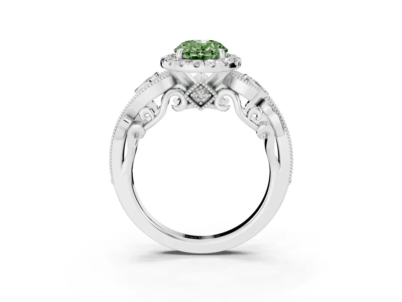 Fancy Green Oval Cut Diamond Halo Ring Set in Platinum with Milgrain Pavé Band and Prong Setting