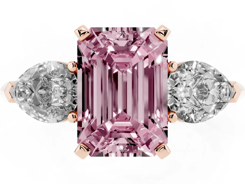 Fancy Pink Three-Stone Emerald Cut Diamond Ring Set in Rose gold with Pear Side Stones and Prong Setting