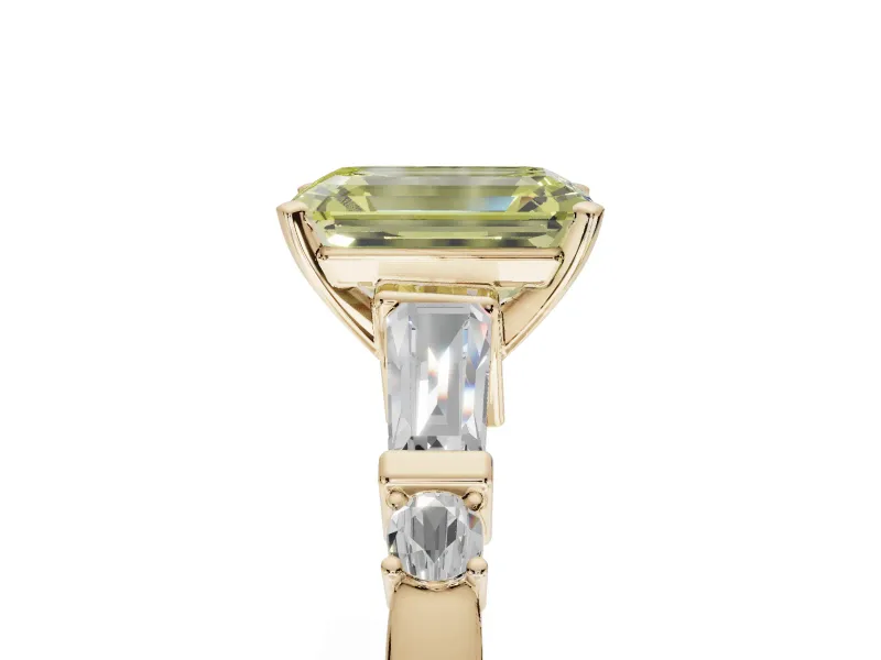 Emerald Cut Tapered Baguette Engagement Ring Setting for a Fancy Yellow Lab-Grown Diamond | Bar Set Sides | Yellow Gold