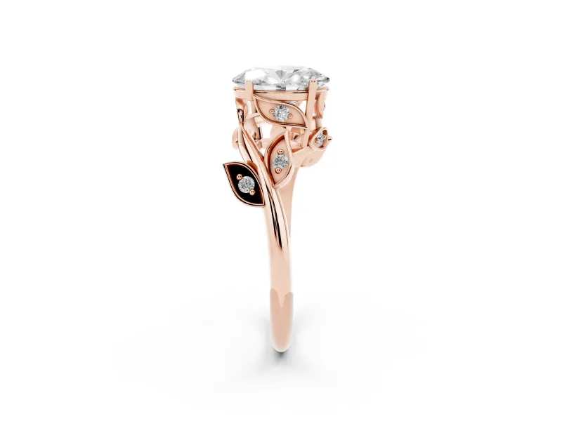 Oval Twisted Bypass Engagement Ring Setting | Accented Leaves | Rose Gold