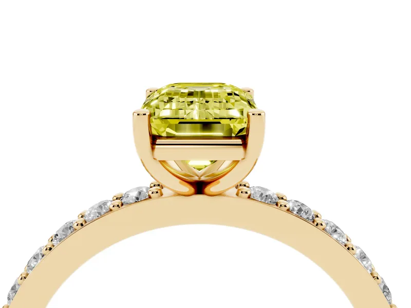 Emerald Cut Pavé Solitaire Engagement Ring Setting for a Fancy Yellow Lab-Grown Diamond | Single Row Band | Yellow Gold
