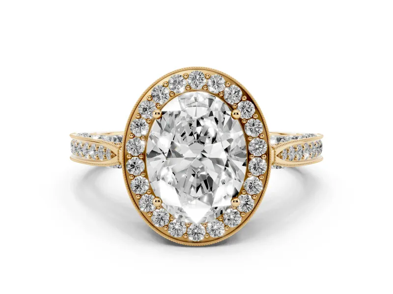 Oval Cut Diamond Halo Engagement Ring Set in Yellow gold with Accent Split Shank Band
