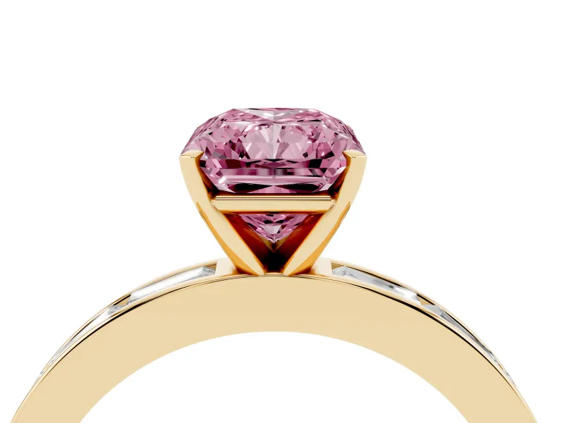 Fancy Pink Radiant Cut Diamond Solitaire Ring Set in Yellow gold with Channel-Set Baguette Band and Prong Setting