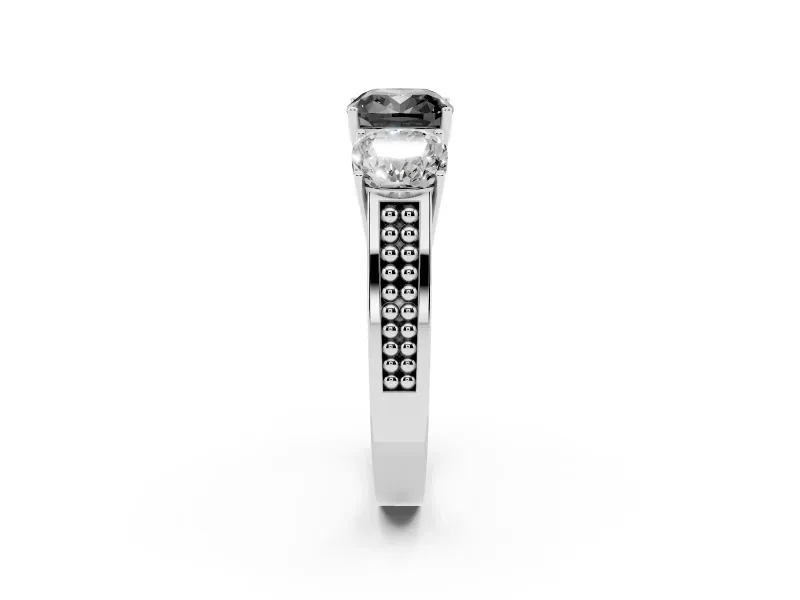 Fancy Black Cushion Cut Diamond Three-Stone Ring Set in Platinum with Textured Band