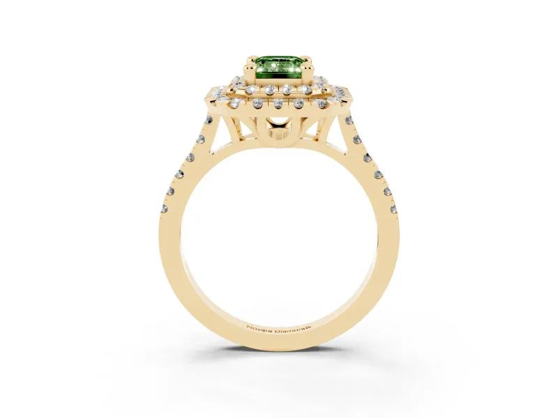 Fancy Green Emerald Cut Diamond Double Halo Statement Ring Set in Yellow gold with Pavé Band