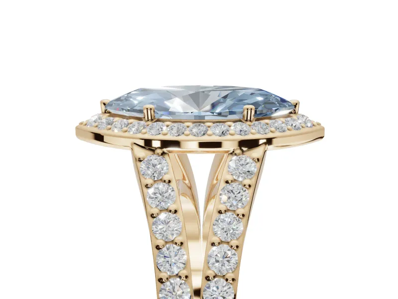 Marquise Halo Pavé Engagement Ring Setting for a Fancy Blue Lab-Grown Diamond | Narrow Split Shank | Yellow Gold