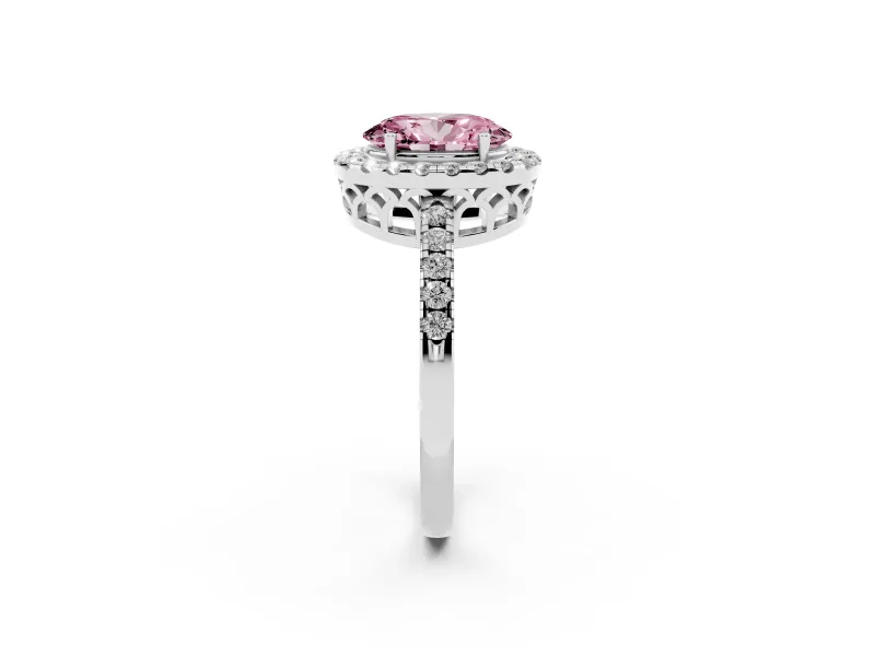 Oval Halo Engagement Ring Setting for a Fancy Pink Lab-Grown Diamond | Pavé Band | White Gold